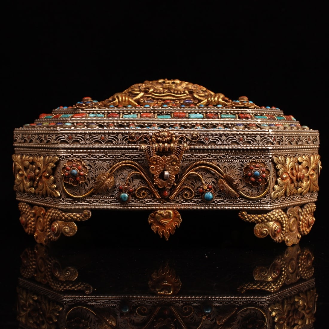 A fine old Tibetan silver hand made jewelry box set with gemstones and cloisonn é gilts (1 of 9)
