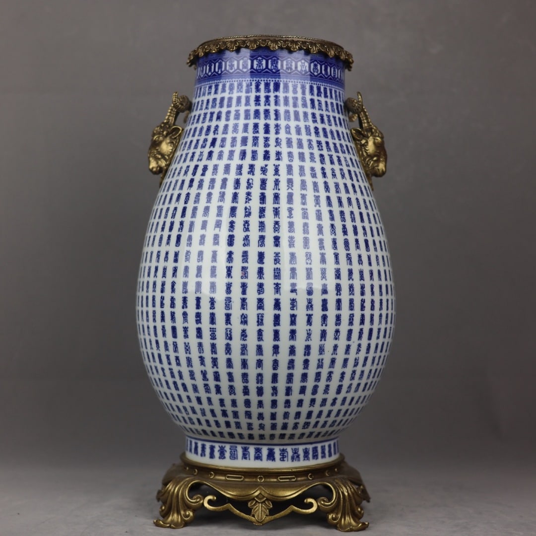 A beautiful copper-inlaid porcelain blue and white centenarian deer head statue (1 of 9)