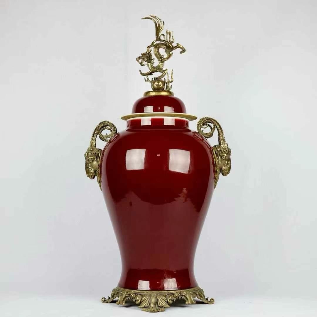 A fine copper-inlaid porcelain Lang red glazed sheep's head amphora general jar (1 of 9)