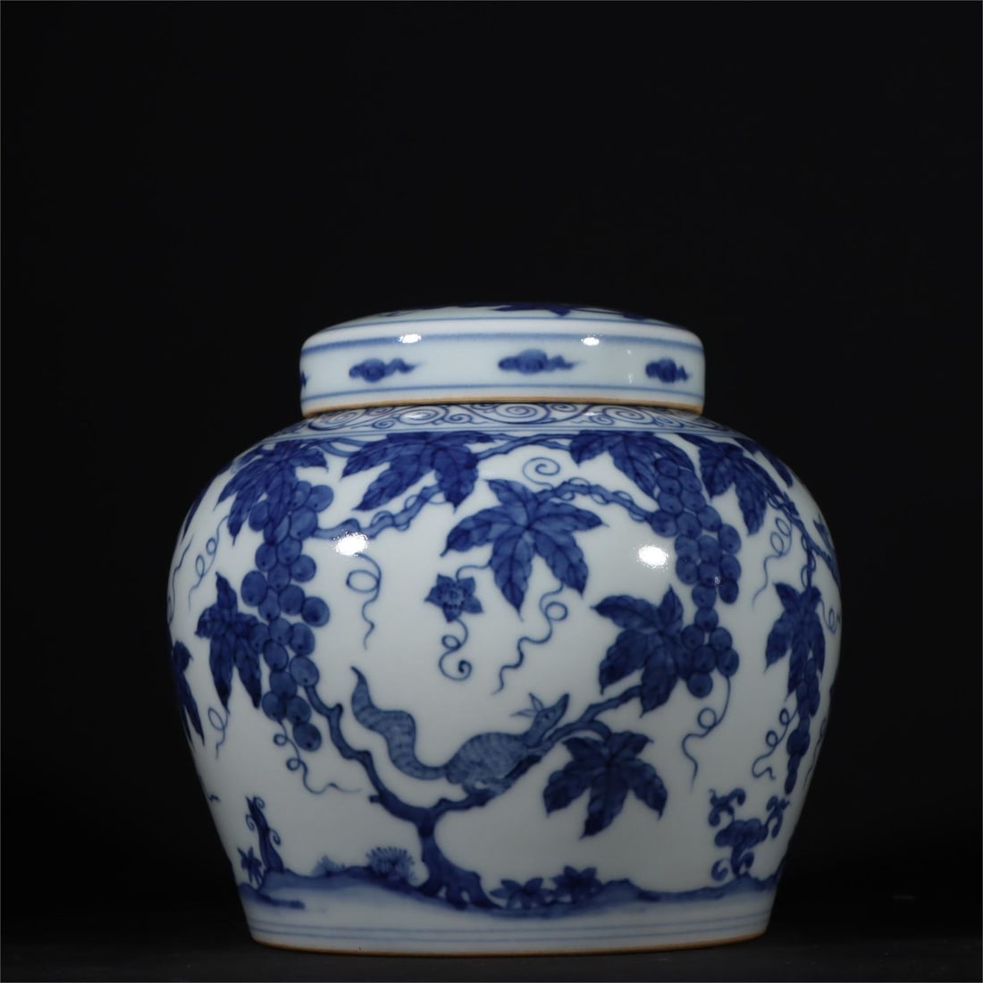 A blue and white squirrel grape pattern Tianzi jar made in the Chenghua year of the Ming Dynasty (1 of 9)