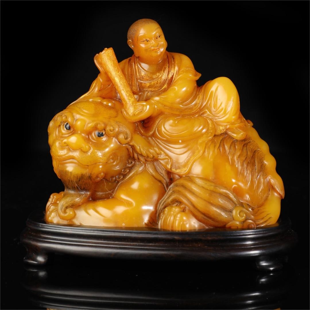 A beautiful Shoushan Shitian Huang Luohan riding an auspicious beast (1 of 9)