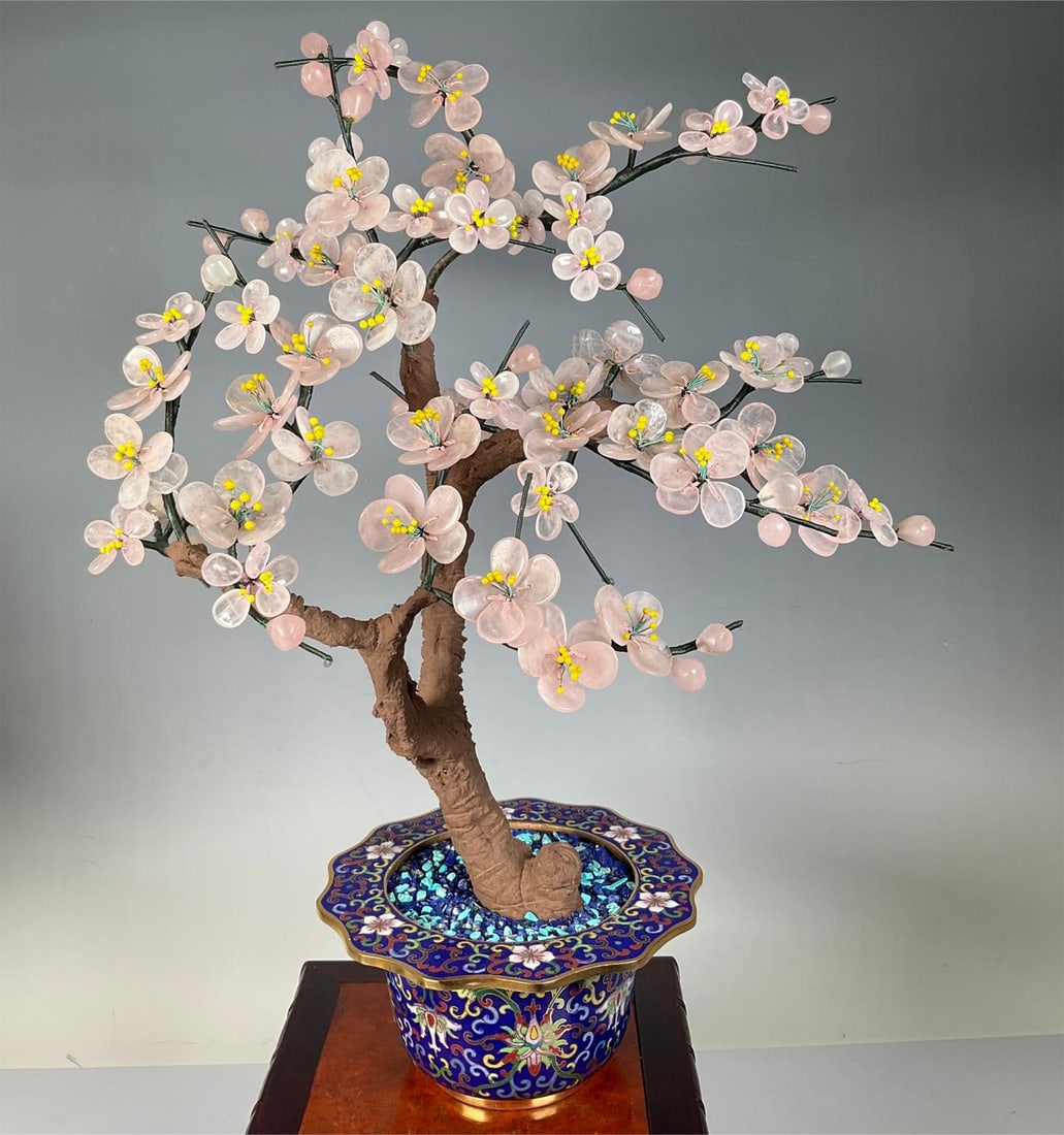 A cloisonn é jade bonsai pink plum blossom from the period of foreign exchange creation (1 of 7)