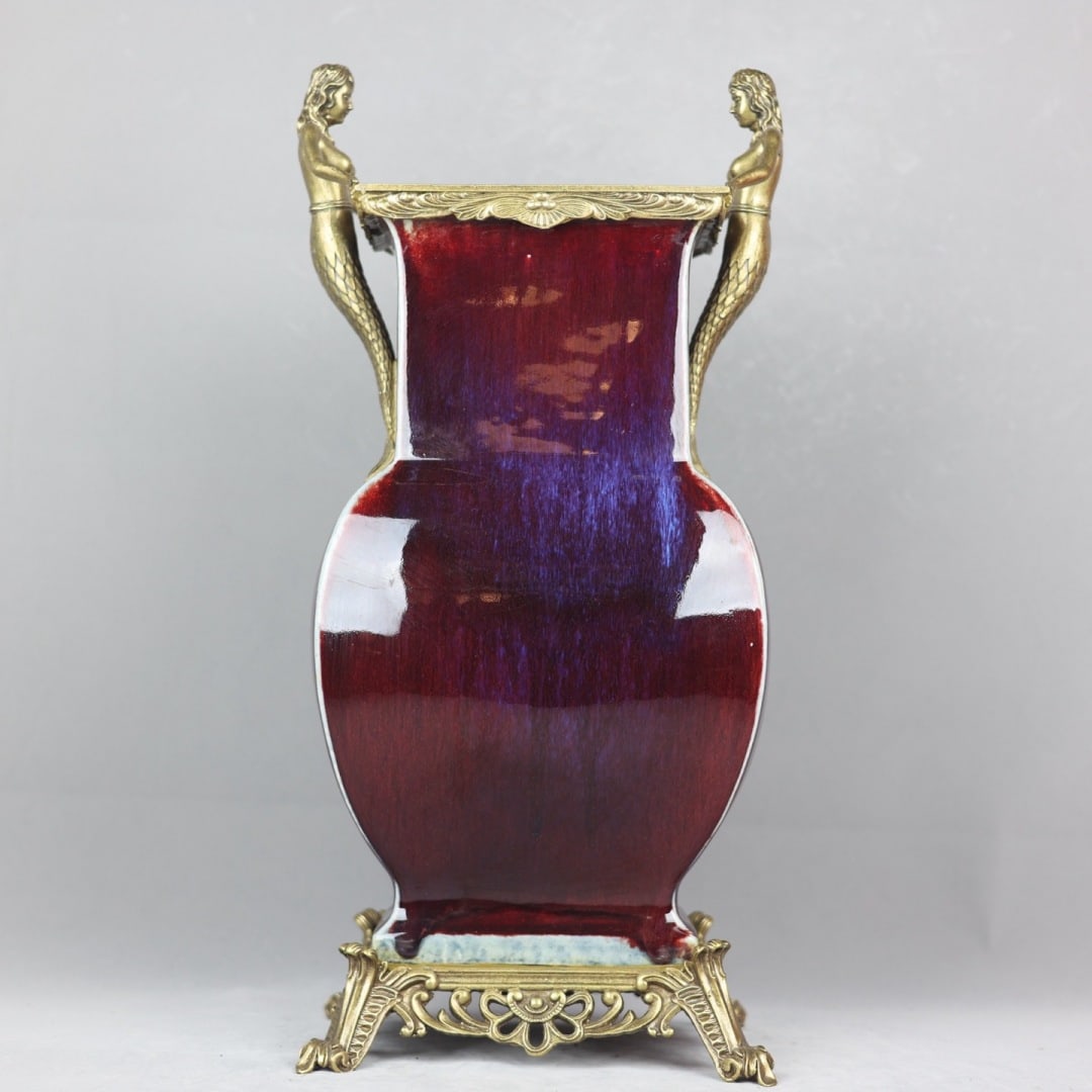 A beautiful copper-inlaid porcelain Lang kiln red kiln turned into a mermaid ear square statue (1 of 9)