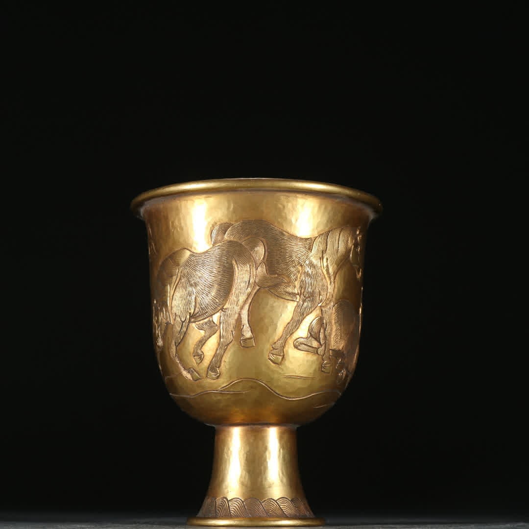 A Qing Dynasty copper gilt horse pattern wine glass (1 of 9)