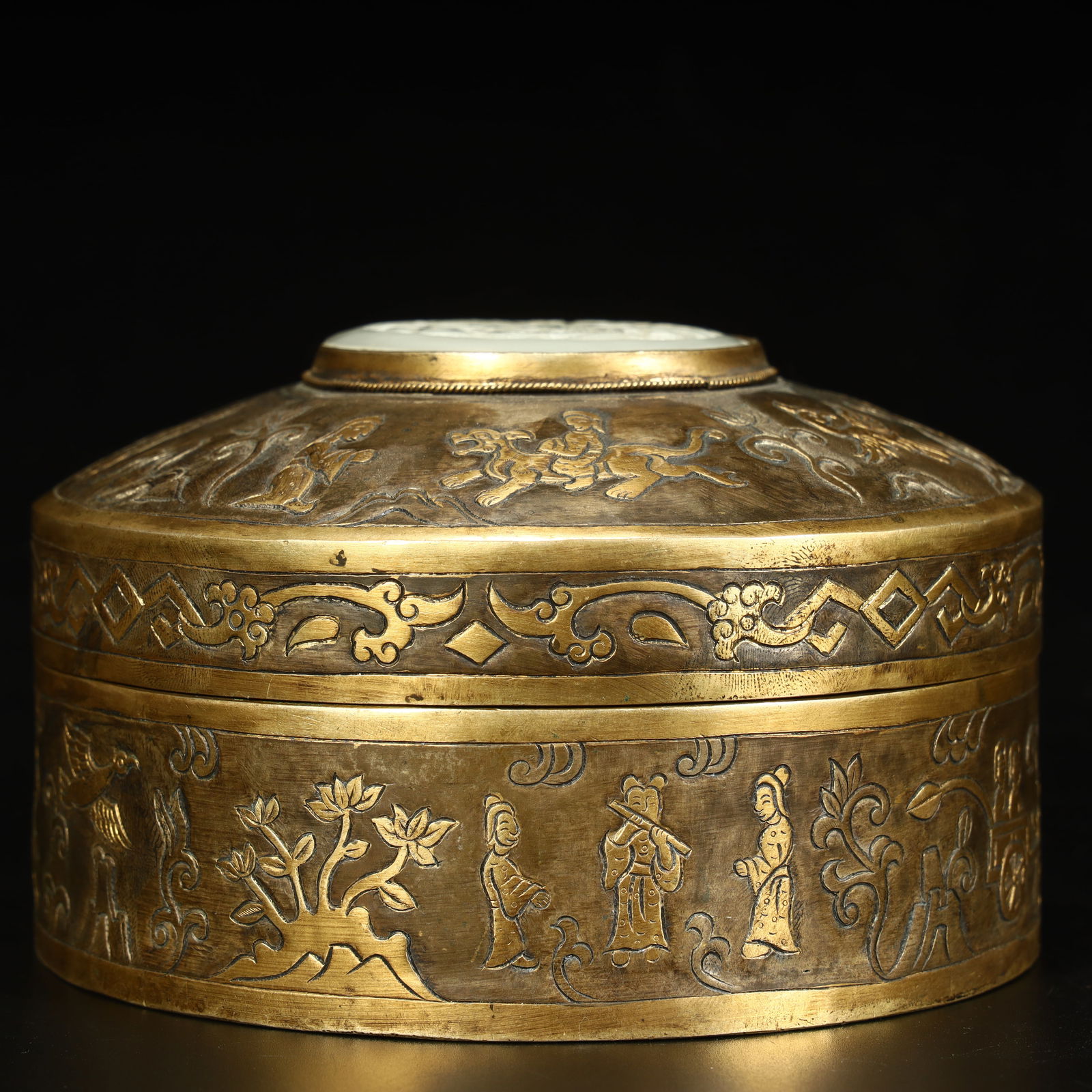 A Qing Dynasty copper-gilt inlaid jade engraved character story pattern cover box (1 of 11)