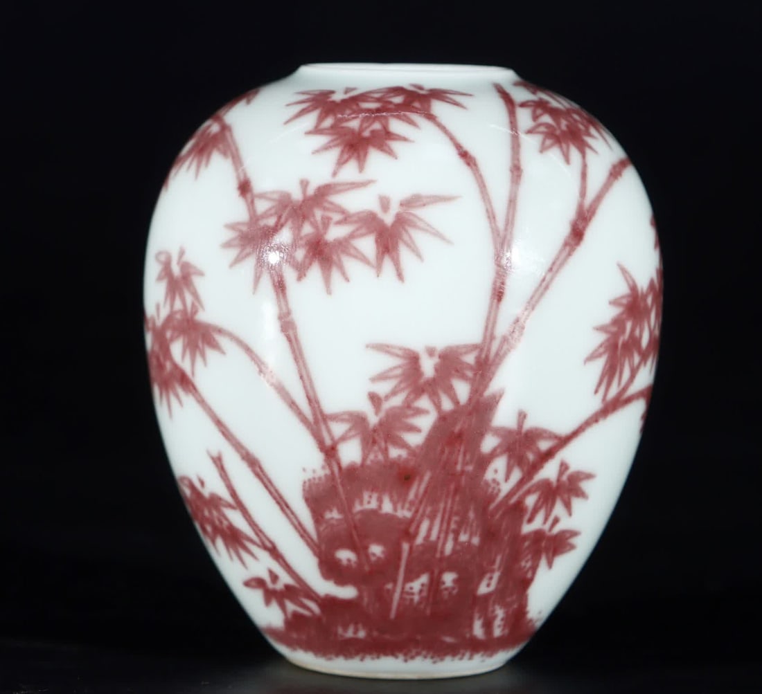 A Qing Dynasty Qianlong full-glaze red bamboo pattern pen wash: Qing Dynasty Qianlong full glaze red bamboo pattern pen wash SIZE: H:9cm abdominalD:7.3cm (The Dimensions Of All Batches Are Manually Measured.If You Need More Detailed Information, Please Contact Our
