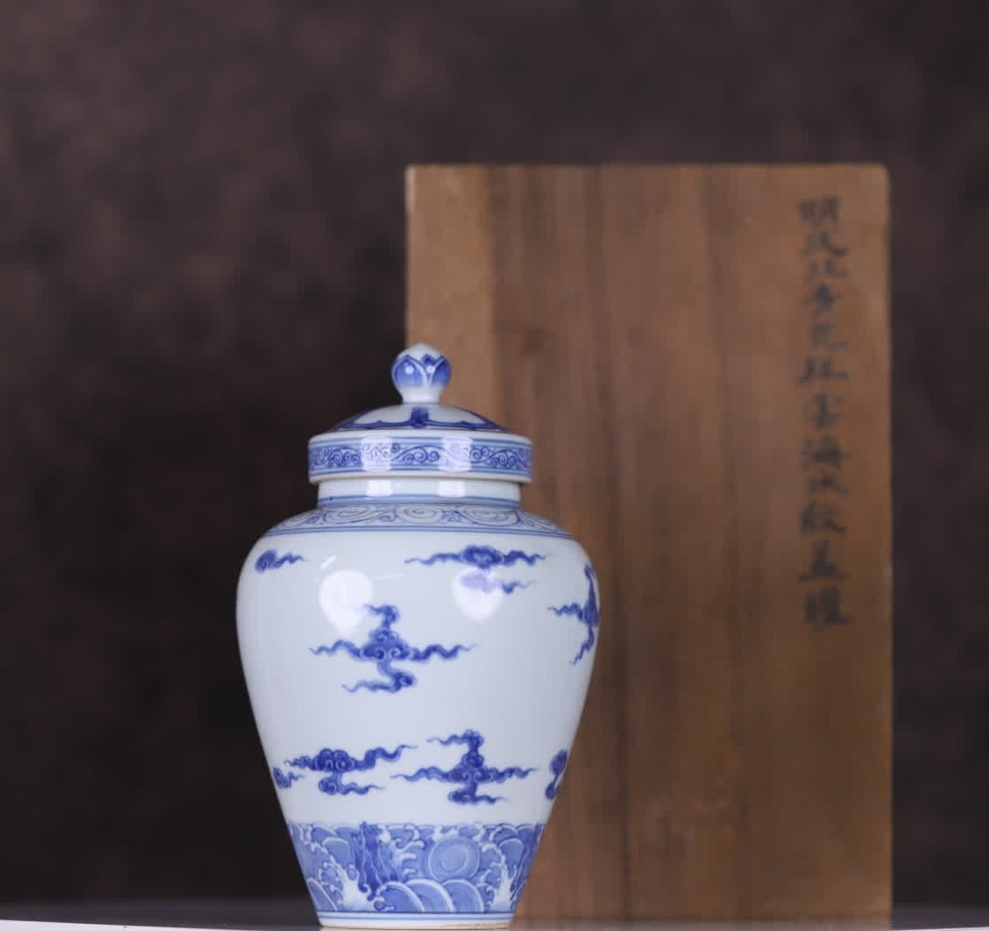 A Ming Chenghua blue and white auspicious cloud sea pattern lid jar (1 of 9)