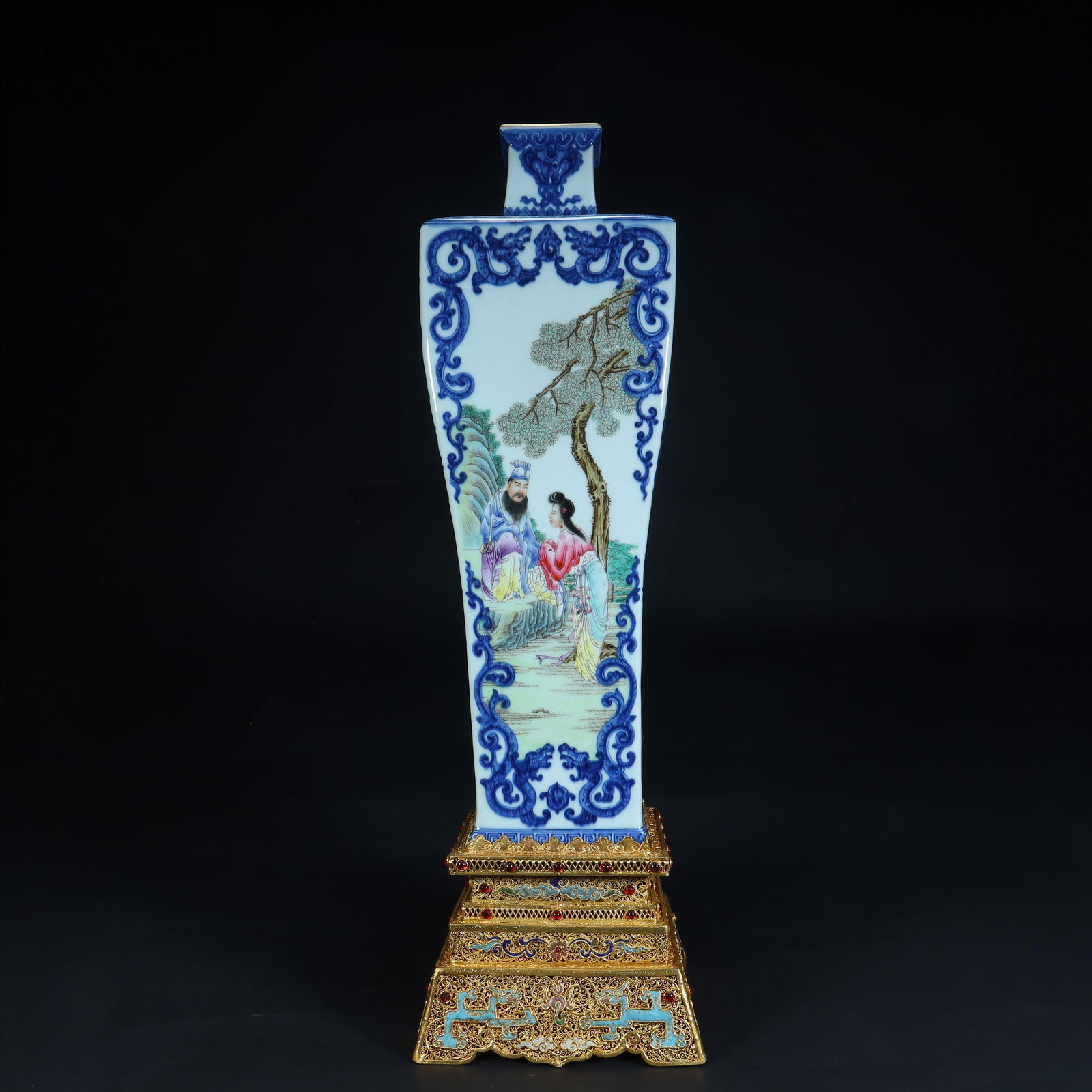 A square vase with a clear pastel figure pattern (with a copper gilt inlaid base): Clear pastel figure pattern square vase (with copper gilt inlaid treasure base) SIZE: H:53.5cm L:14.5cm W:14.5cm W:4.8kg (The Dimensions Of All Batches Are Manually Measured.If You Need More Detailed