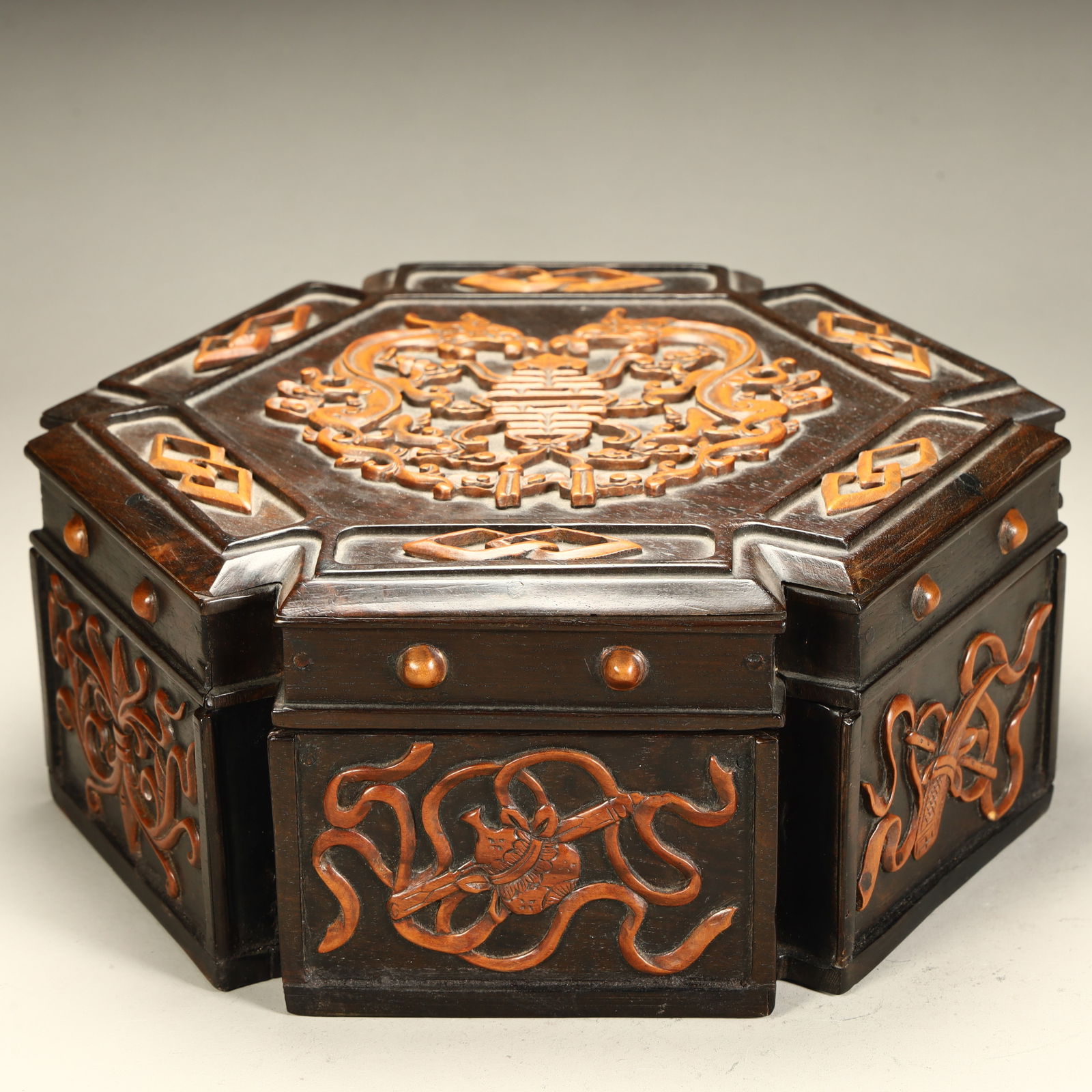 A Qing Dynasty rosewood inlaid boxwood Fushou Eight Treasure Pattern Collection: Qing Dynasty rosewood inlaid boxwood Fushou Eight Treasure Pattern Collection SIZE: L:9cm W:22cm H:20cm W:1038g (The Dimensions Of All Batches Are Manually Measured.If You Need More Detailed