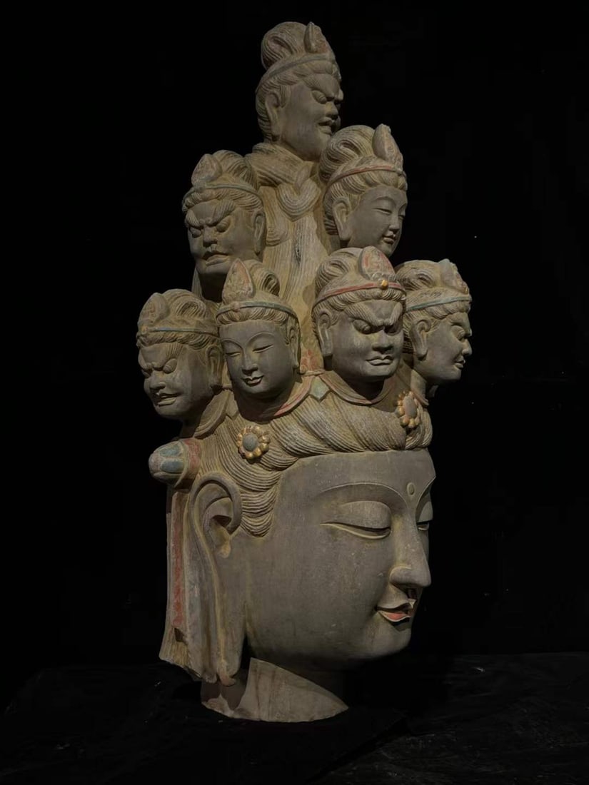 A Tang Dynasty bluestone carving painted eleven-sided Guanyin head: Tang Dynasty bluestone carving painted eleven-sided Guanyin head SIZE: H:100cm (The Dimensions Of All Batches Are Manually Measured.If You Need More Detailed Information, Please Contact Our