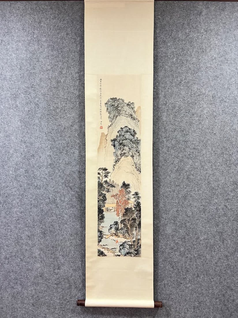 A picture of Pu Ru's green pavilions and landscapes: Pu Ru's green pavilion landscape map SIZE: Core: 110x27cm (Vertical Axis on Paper) (The Dimensions Of All Batches Are Manually Measured.If You Need More Detailed Information, Please Contact Our Custom