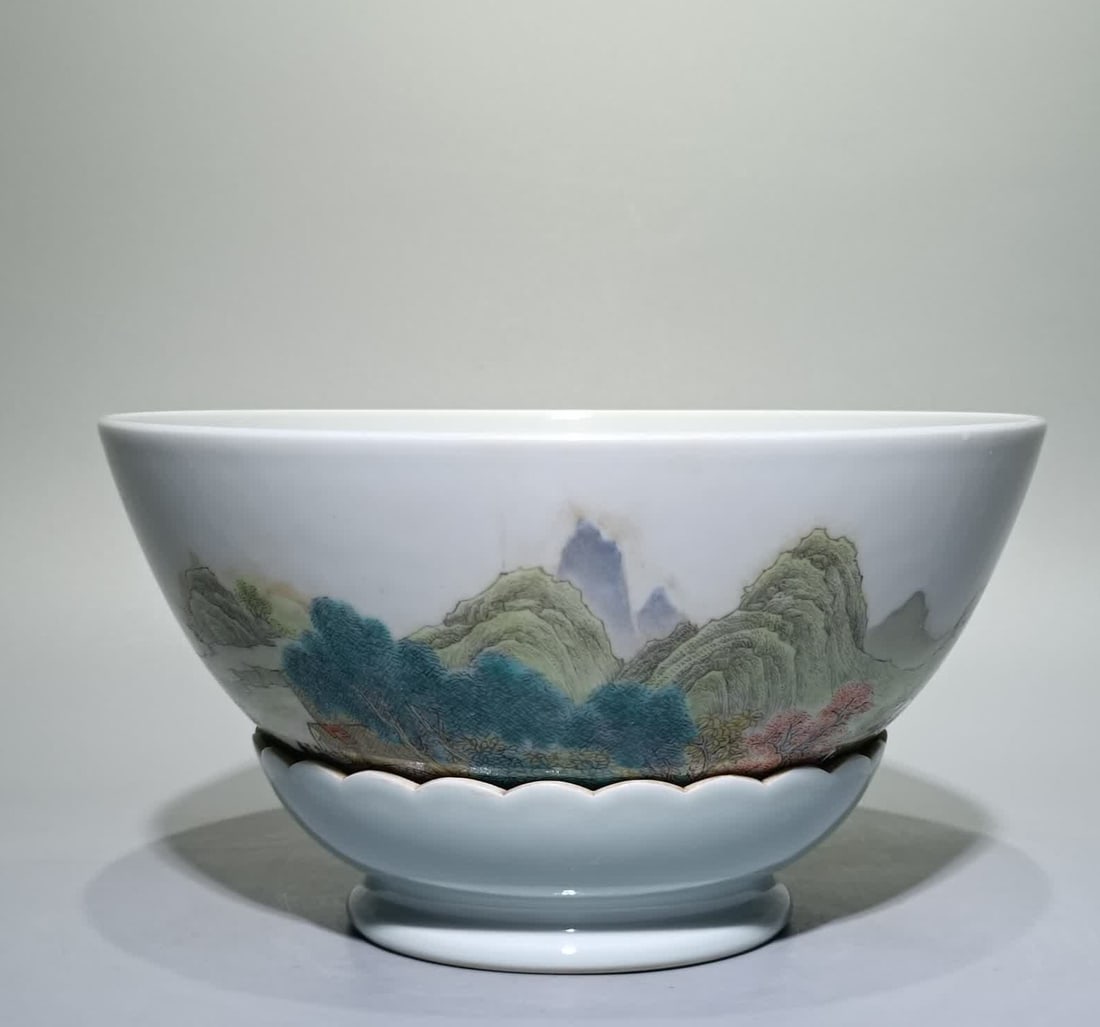 A Qing Qianlong pastel landscape picture poetry bowl: Qing Qianlong model pastel landscape picture poetry bowl SIZE: H:10.5cm W:19.2cm (The Dimensions Of All Batches Are Manually Measured.If You Need More Detailed Information, Please Contact Our Customer