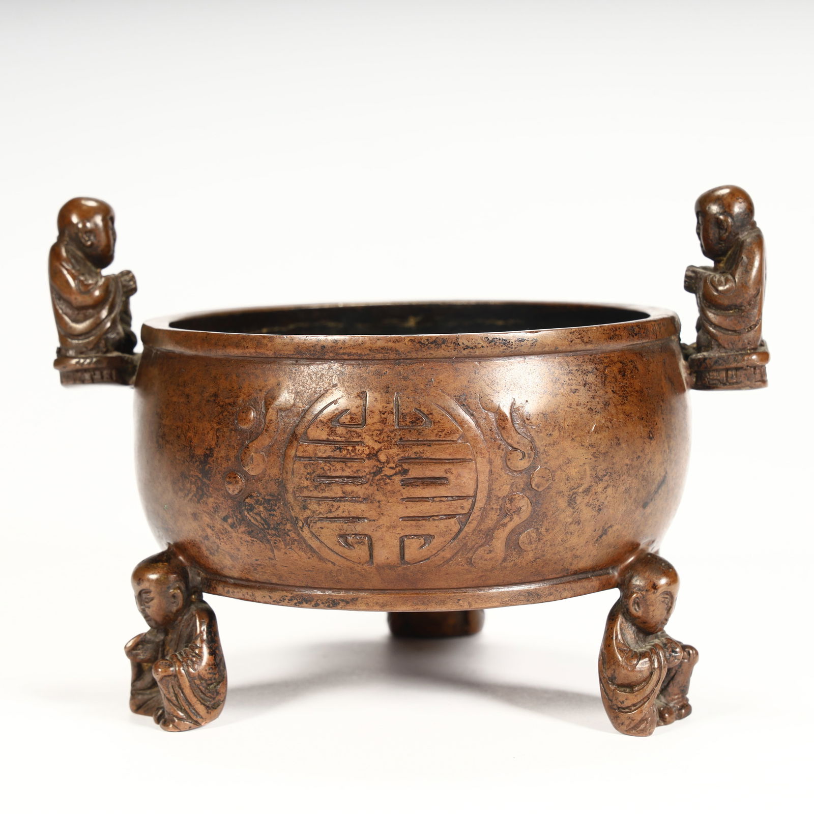 A Qing Dynasty copper boy pattern longevity incense burner (1 of 11)