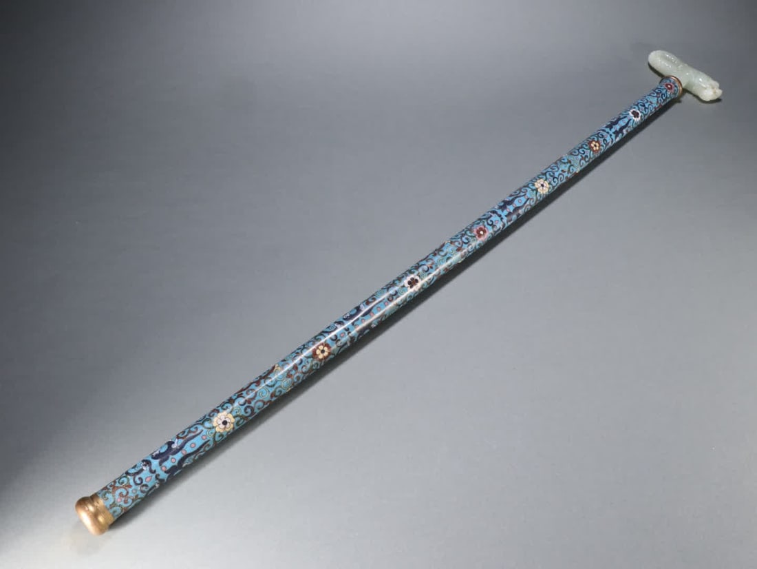 A Qing Dynasty copper gilt cloisonné inlaid jade dragon pattern cane (1 of 9)