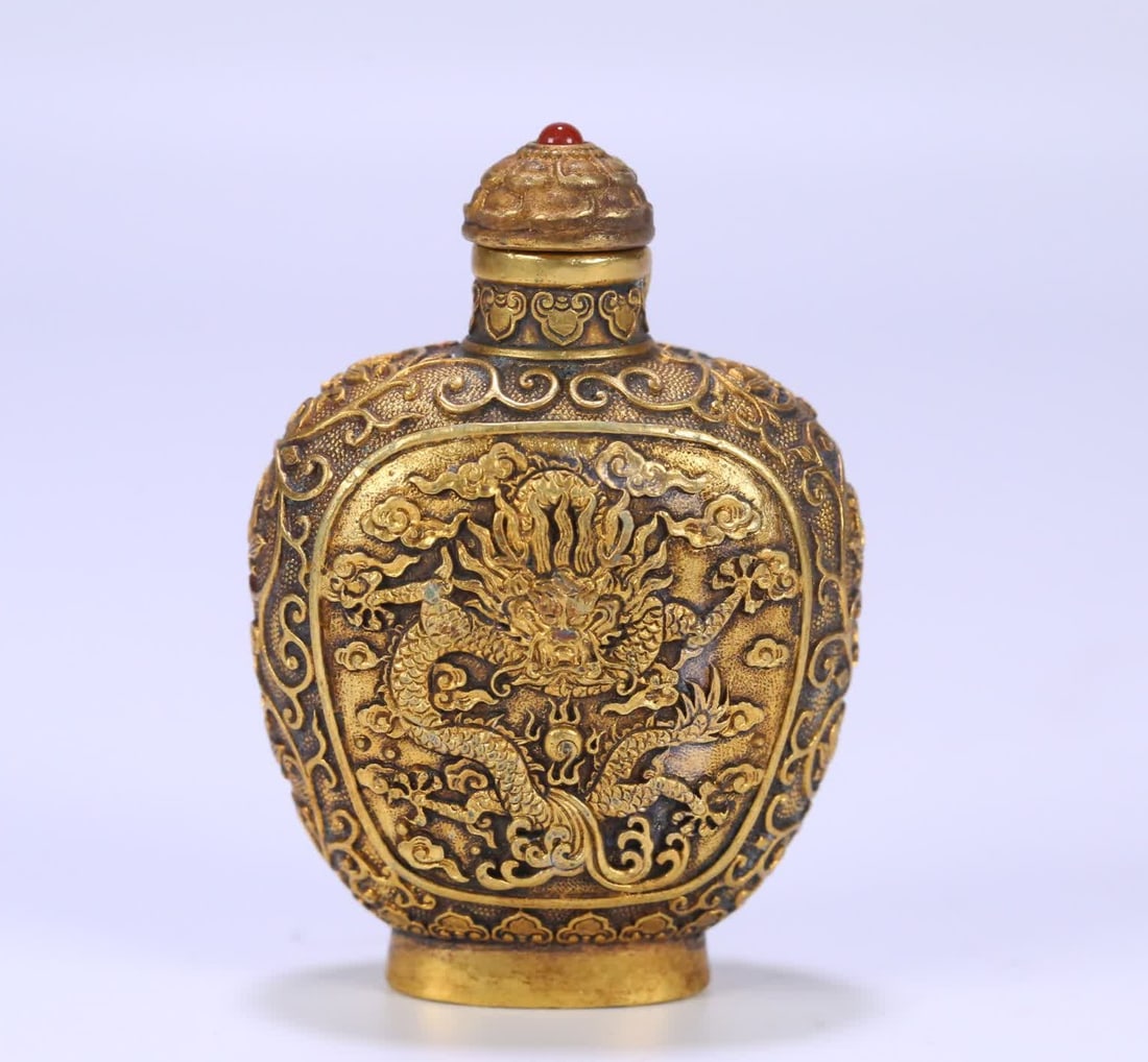 A copper-gilt dragon-patterned snuff bottle (1 of 9)