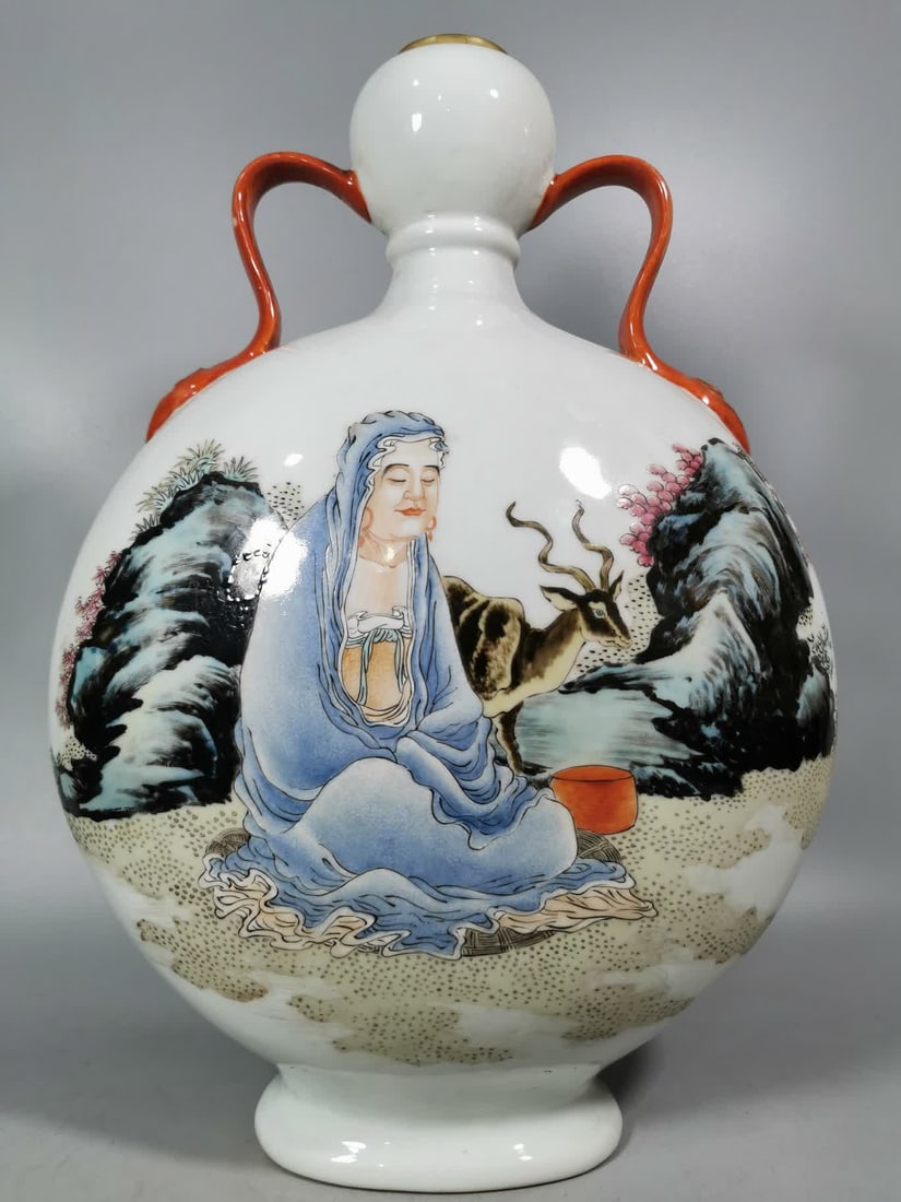 A Qing Dynasty pastel figure holding a moon vase: Qing Dynasty pastel figure picture holding a moon bottle SIZE: H:40.3cm W:28.3cm (The Dimensions Of All Batches Are Manually Measured.If You Need More Detailed Information, Please Contact Our Customer