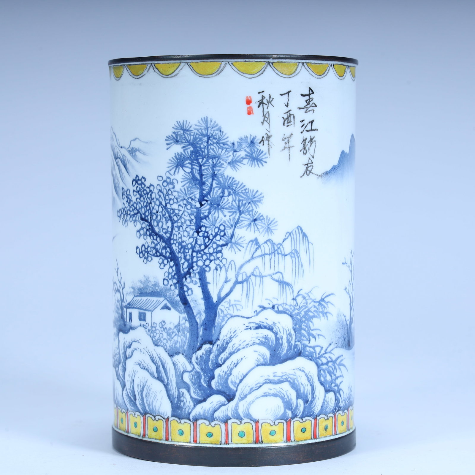 A bronze tire painting enamel landscape pattern pen holder: Copper tire painting enamel landscape pattern pen holder SIZE: H:12.5cm L:8cm W:8cm W:355g (The Dimensions Of All Batches Are Manually Measured.If You Need More Detailed Information, Please Contact Ou