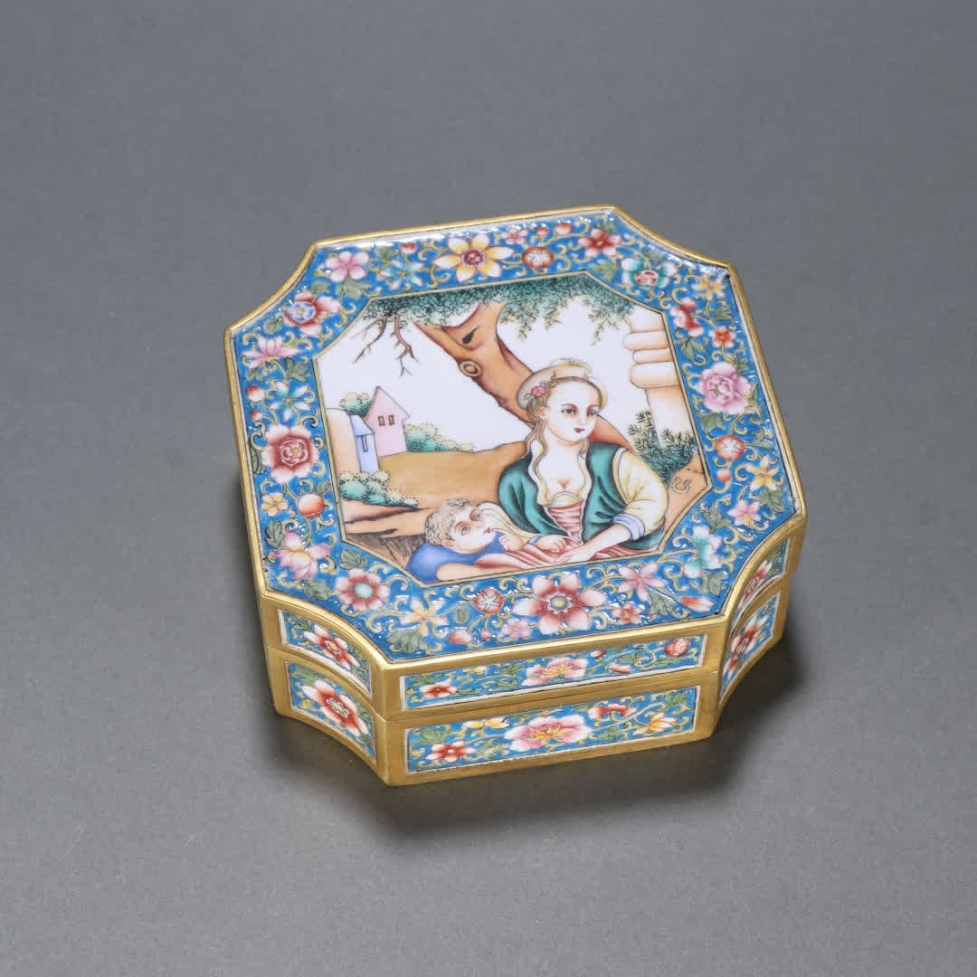 A Qing Dynasty copper gilt painting enamel window figure picture story cover box (1 of 9)