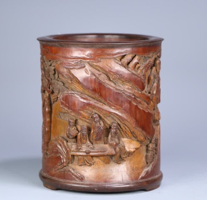 A Qing Dynasty bamboo carved character picture story pen holder: Qing Dynasty bamboo carving character picture story pen holder SIZE: 19.2x16.8cm (The Dimensions Of All Batches Are Manually Measured.If You Need More Detailed Information, Please Contact Our Customer