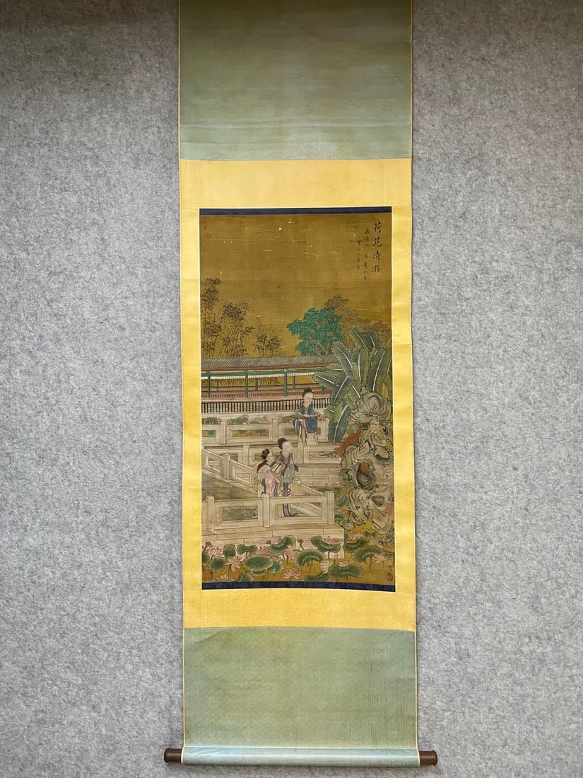 A work by Qiu Ying: Qiu Ying's works SIZE: 49x94cm (The Dimensions Of All Batches Are Manually Measured.If You Need More Detailed Information, Please Contact Our Customer Service Before Bidding.)