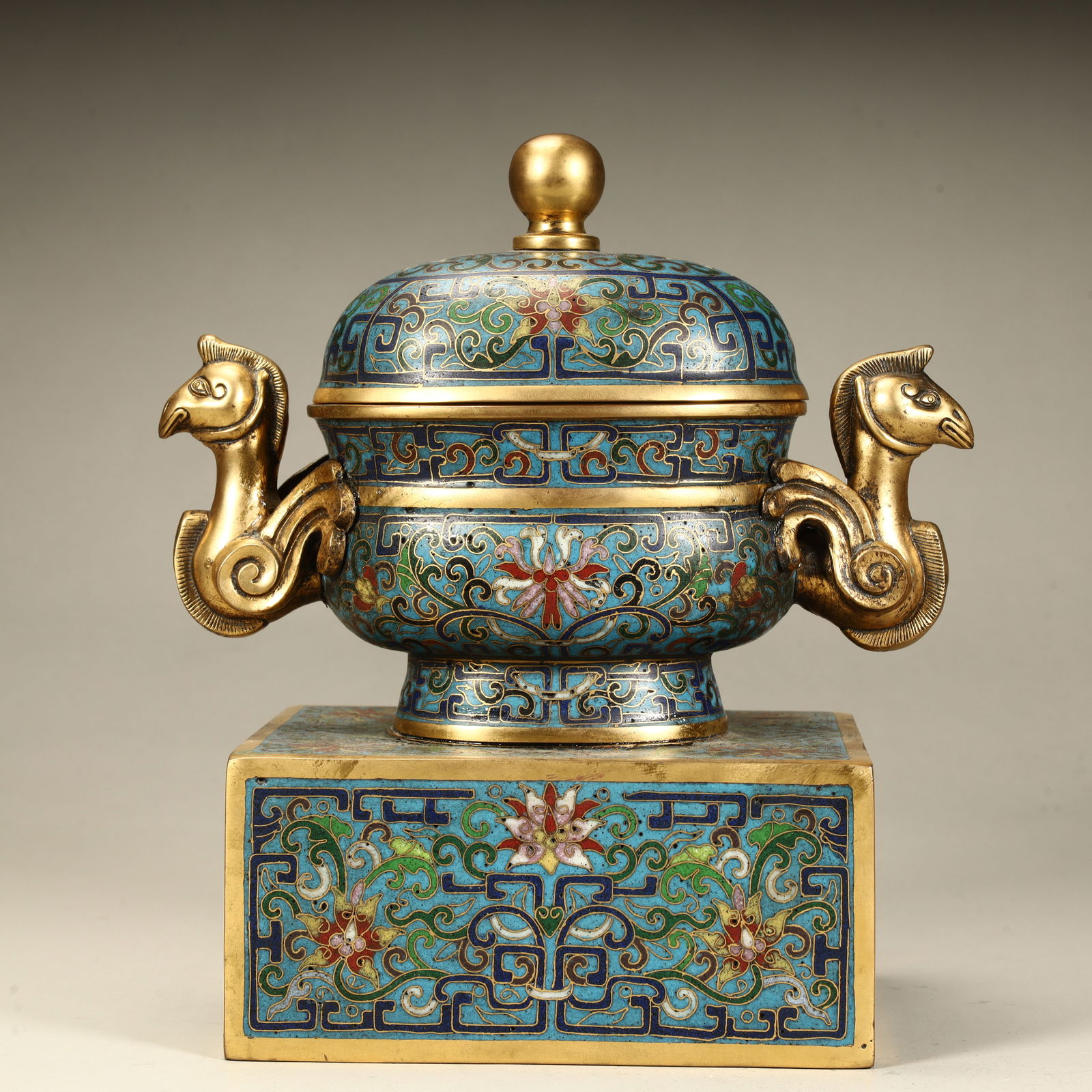 A piece of Qing Dynasty copper tire cloisonné enamel double phoenix ear cover stove with a seat (1 of 9)