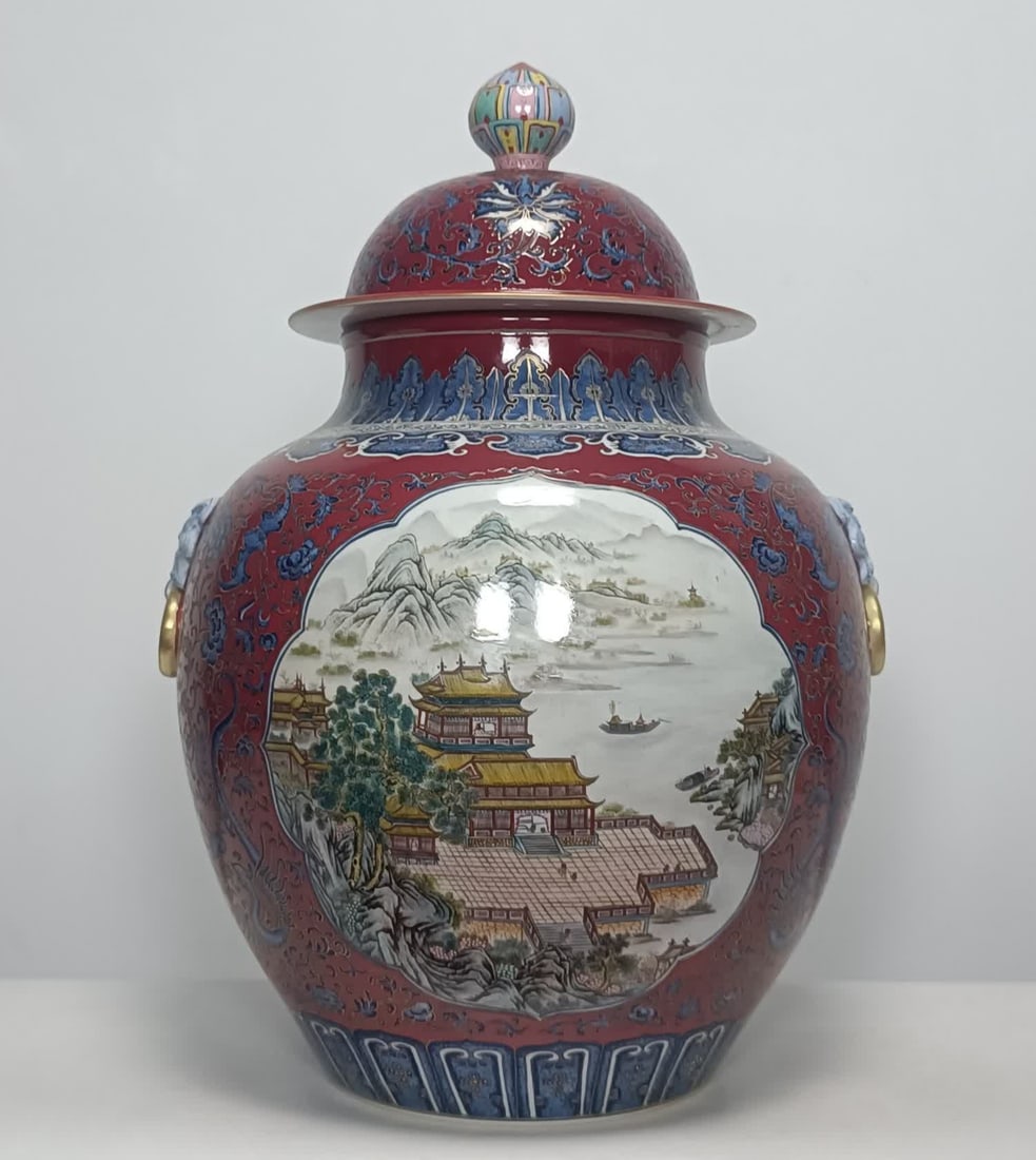 A piece of Qing Qianlong model blue powder color ruby red ground Kuifeng entwined branches Fushou: Qing Qianlong model blue powder color ruby red ground Kuifeng entangled branches Fushou Lian Lian open window landscape map auxiliary animal ear general jar SIZE: H:67cm W:48cm (The Dimensions Of