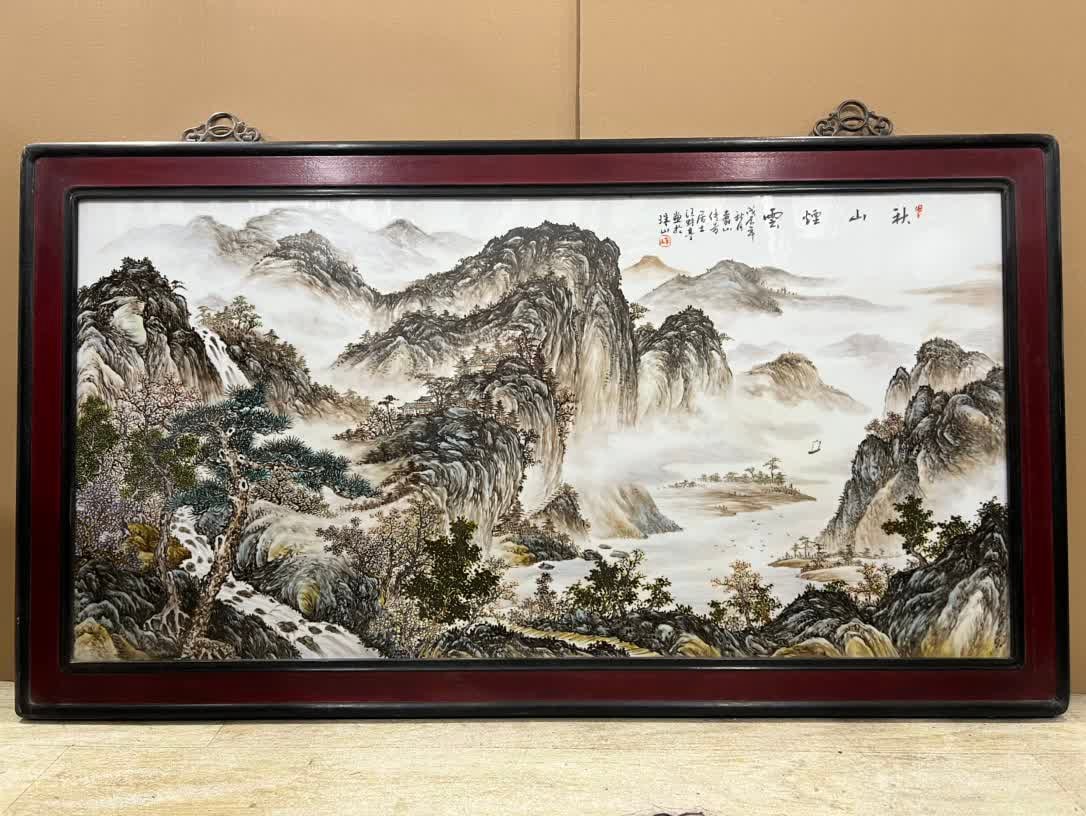A painting of the Eight Friends of Zhushan "Wang Yeting" Autumn Mountain Smoke and Clouds Landscape: Made a landscape porcelain panel painting of the Eight Friends of Zhushan "Wang Yeting" Autumn Mountain Smoke and Clouds SIZE: W:123cm x68cm (The Dimensions Of All Batches Are Manually