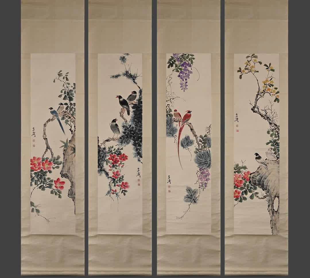 A picture of Wang Xuetao's flowers and birds on four screens (1 of 9)