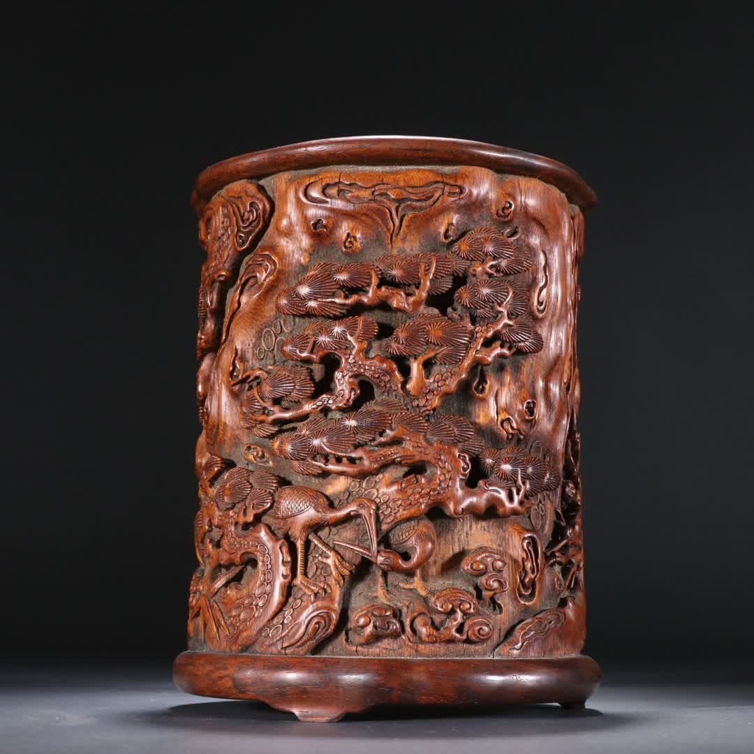 A Qing Dynasty bamboo carved pine bamboo plum pen holder (1 of 9)