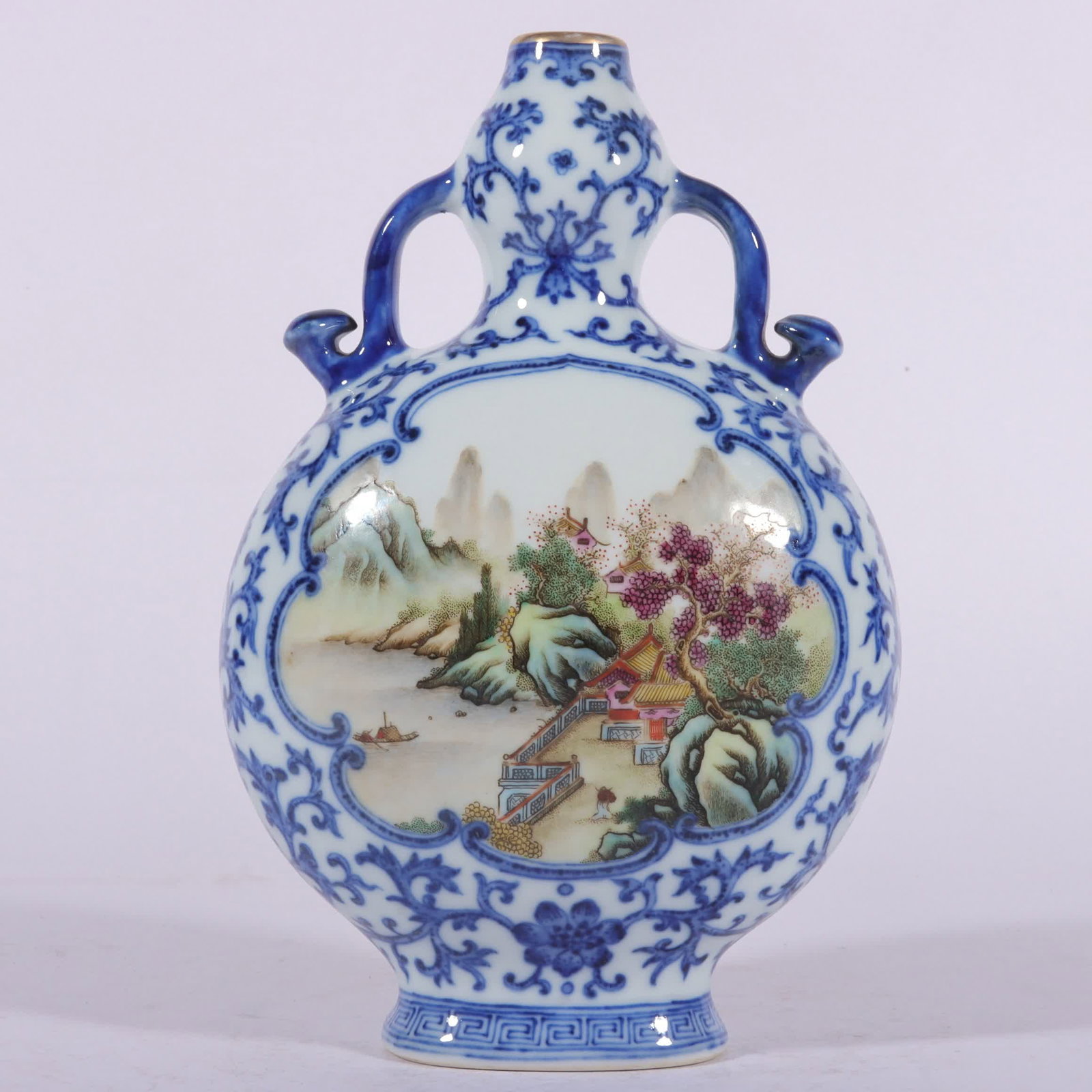A Qing Qianlong pastel blue and white entwined lotus with open windows landscape picture flat vase (1 of 8)