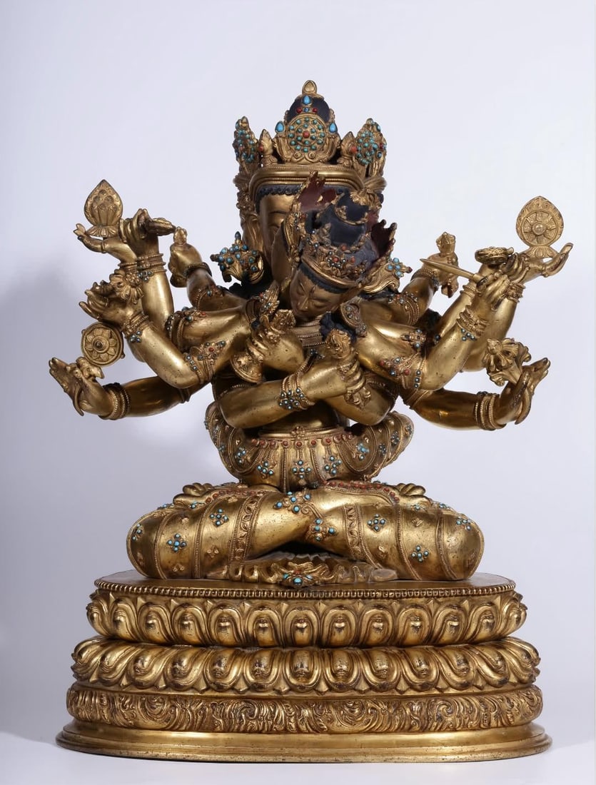 A Qing Dynasty Dansati copper-gilt gemstone dense Vajra seated statue: Qing Dynasty Dansati copper gilt inlaid gemstone dense Vajra seated statue SIZE: H:40.5cm L:34cm W:25cm W:15.85kg (The Dimensions Of All Batches Are Manually Measured.If You Need More Detailed Informa