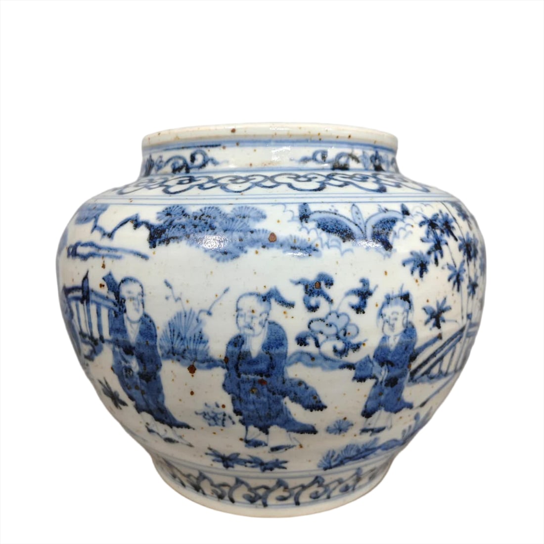 A large jar of blue and white Xiangshan Nine Elders Figure Pattern in the Ming Dynasty: Ming Dynasty blue and white Xiangshan Nine Elders Figure Pattern Large Jar SIZE: H:23cm W:21cm (The Dimensions Of All Batches Are Manually Measured.If You Need More Detailed Information, Please Contac