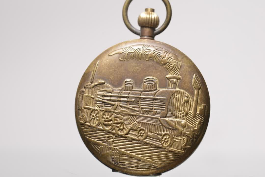 A brass embossed steam train mechanical pocket watch - 2