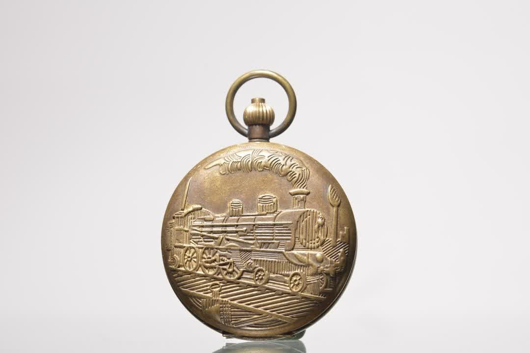 A brass embossed steam train mechanical pocket watch - 4