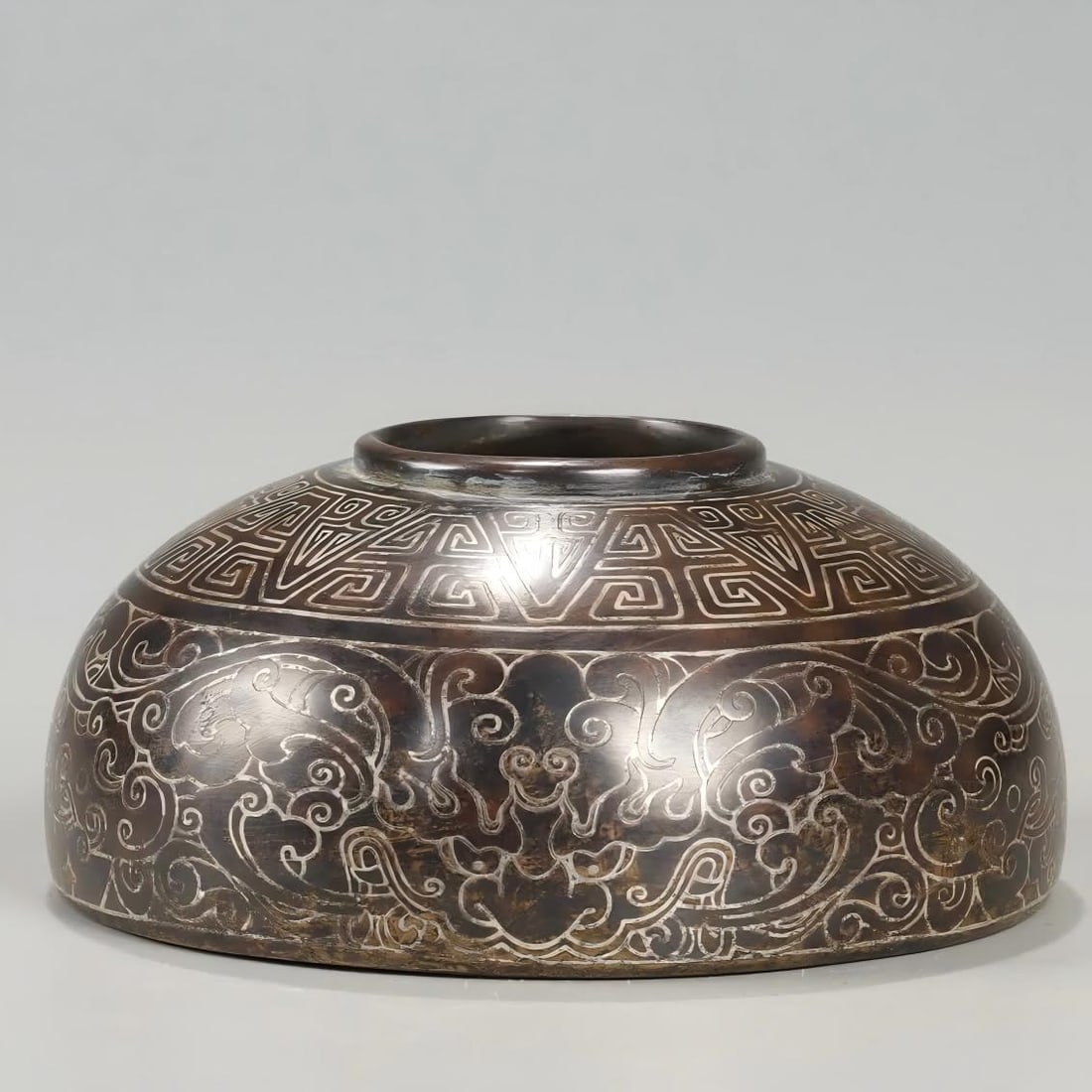 Qing Dynasty copper-inlaid silver silk stone old style study water bowl (1 of 5)