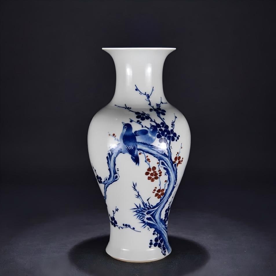 A piece of Wang Bu made blue and white glaze in the red joy on the eyebrows tip picture of the: Wang Bu made a blue and white glaze red and happy to paint a fishtail on the tip of the eyebrow SIZE: H:42cm W:19cm (The Dimensions Of All Batches Are Manually Measured.If You Need More Detailed Infor