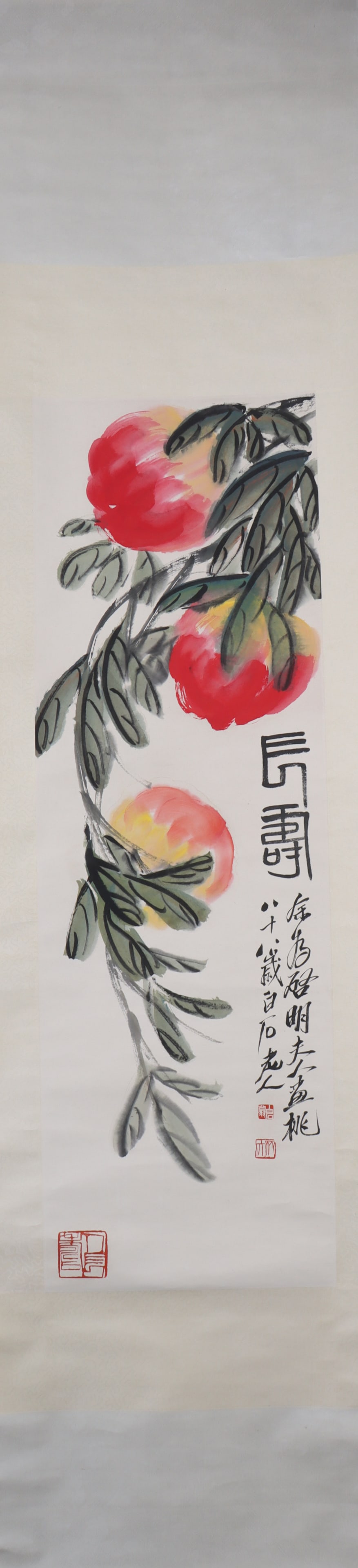 A Chinese Vertical Scroll Ink Painting of Peach on Paper (1 of 5)