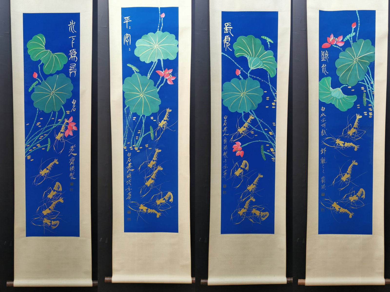 A Chinese Vertical Scroll Ink Painting of Shrimp on Paper: A Chinese Vertical Scroll Ink Painting of Shrimp on Paper Qi bai shi Without frame Size:34cmx138cm (The Dimensions Of All Batches Are Manually Measured.If You Need More Detailed Information, Please Co
