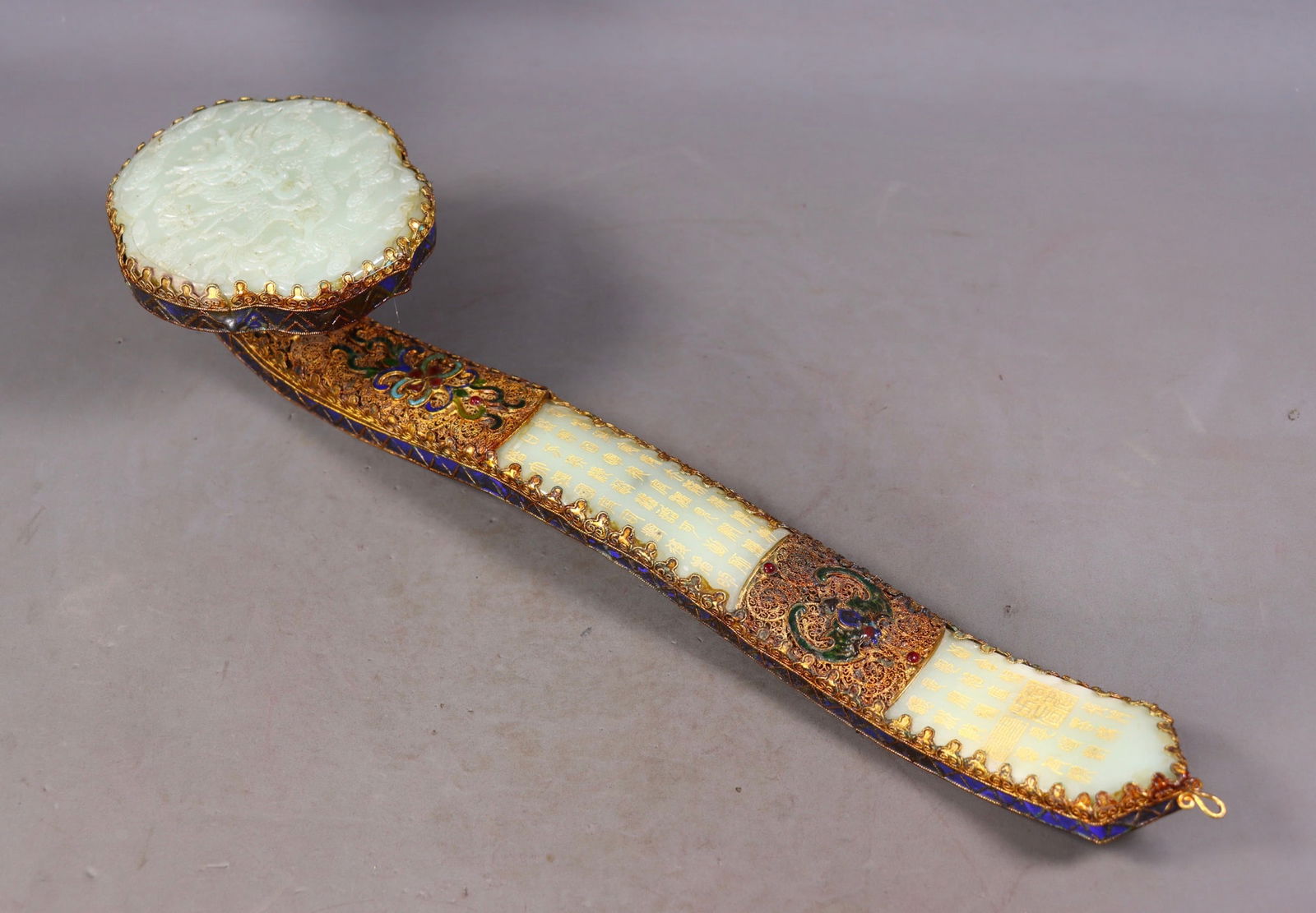 An Exquisite White Jade Cover with Gold Inlaid Gems Dragon Pattern with poem Ruyi (1 of 9)