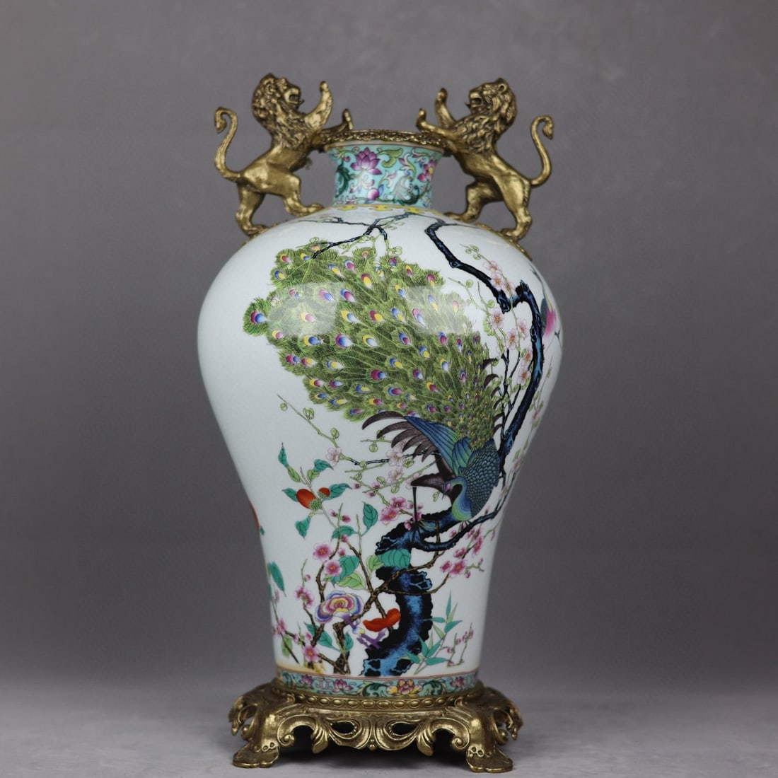 An Exquisite Famille-Rose Inlaid Bronze Lotus Pattern Flower and Bird Pattern with poem Double-Ears: An Exquisite Famille-Rose Inlaid Bronze Lotus Pattern Flower and Bird Pattern with poem Double-Ears Vase Qing Dynasty, China Qianlong Four-character Mark Size:46cmx23cm (The Dimensions Of All Batches