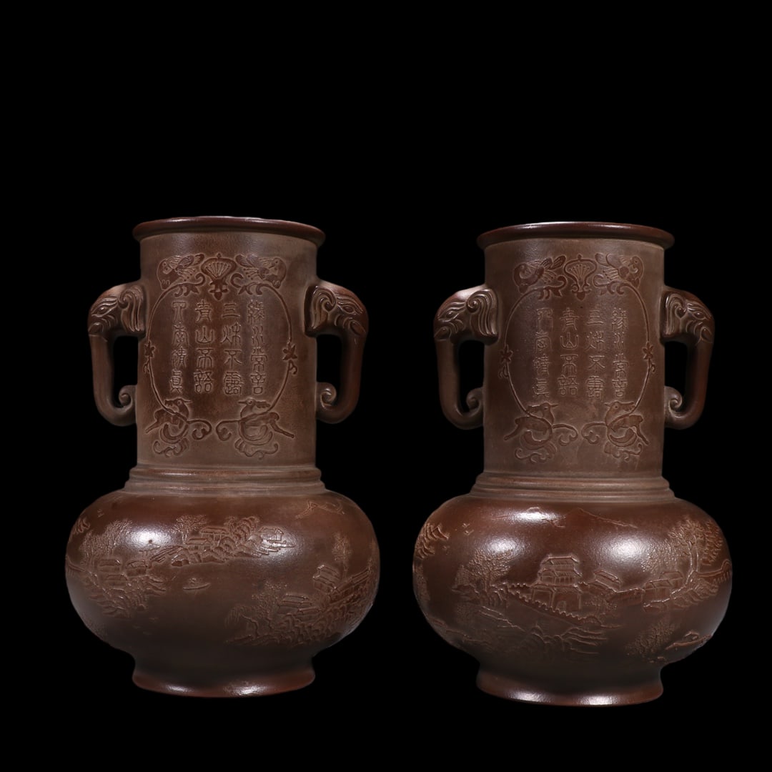 A Pair of Exquisite Purple Sands Landscape Pattern with poem Double-Ears Vase (1 of 9)