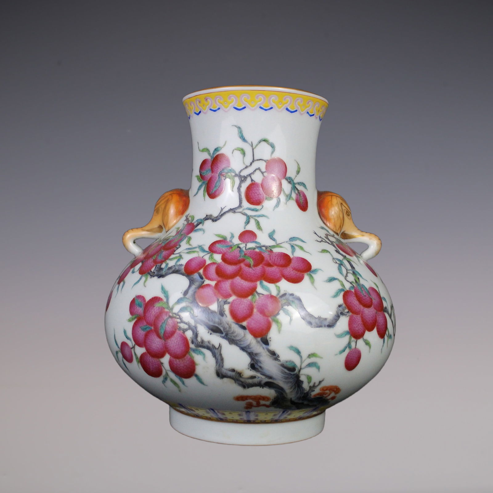 An Exquisite Famille-Rose Litchi Pattern with poem Double-Ears Vase: An Exquisite Famille-Rose Litchi Pattern with poem Double-Ears Vase Qing Dynasty, China Qianlong Six-character Mark Size:25.5cmx12.2cm (The Dimensions Of All Batches Are Manually Measured.If You Need