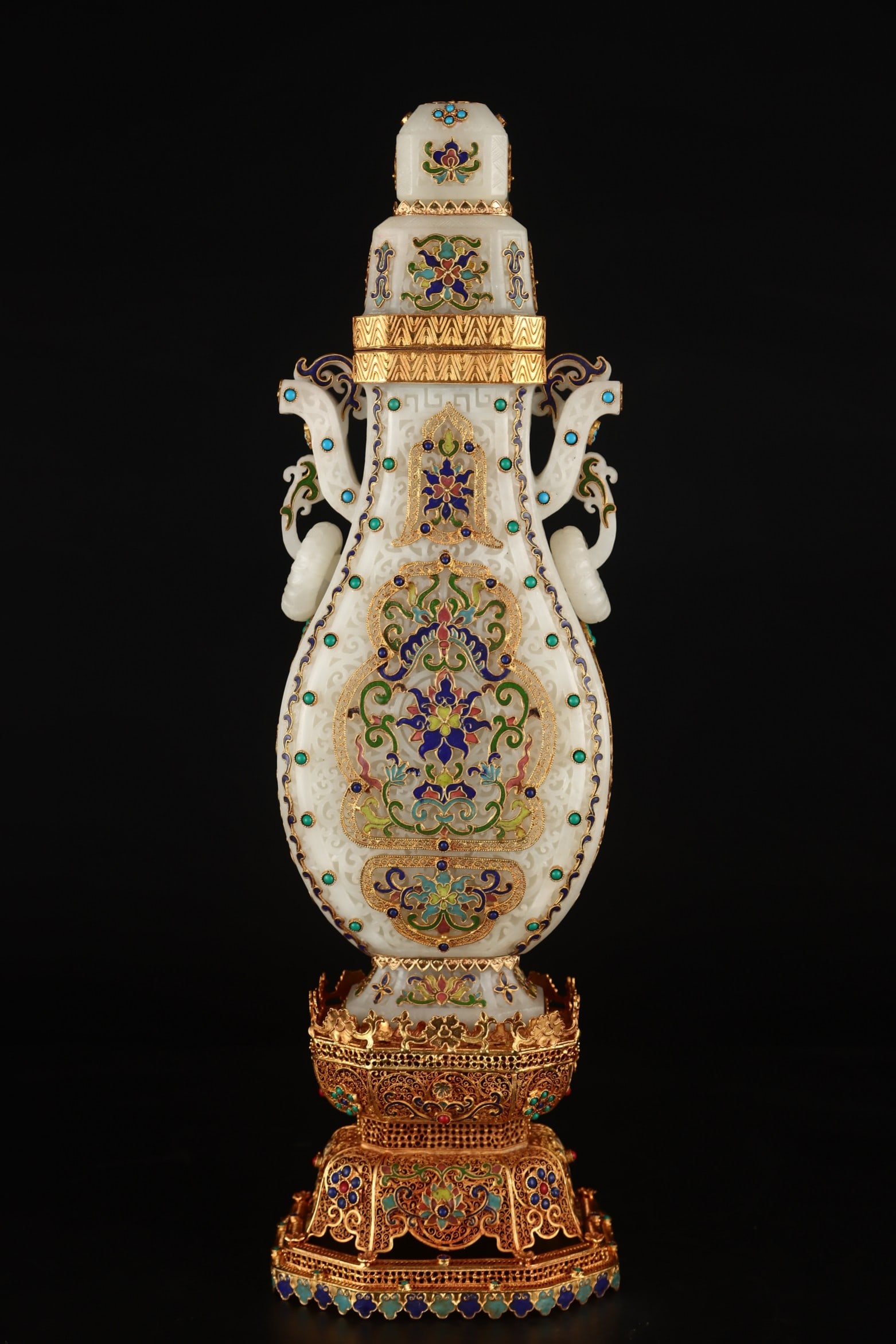 An Exquisite Gilt Bronze Inlaid White Jade Flower Pattern Double-Ears Vase Ornament (1 of 9)