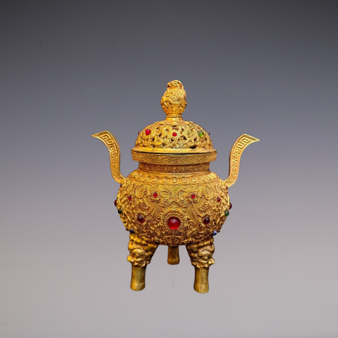 An Exquisite Gilt Bronze Inlaid Gems Lotus Pattern Double-Ears Tripod Censer (1 of 9)
