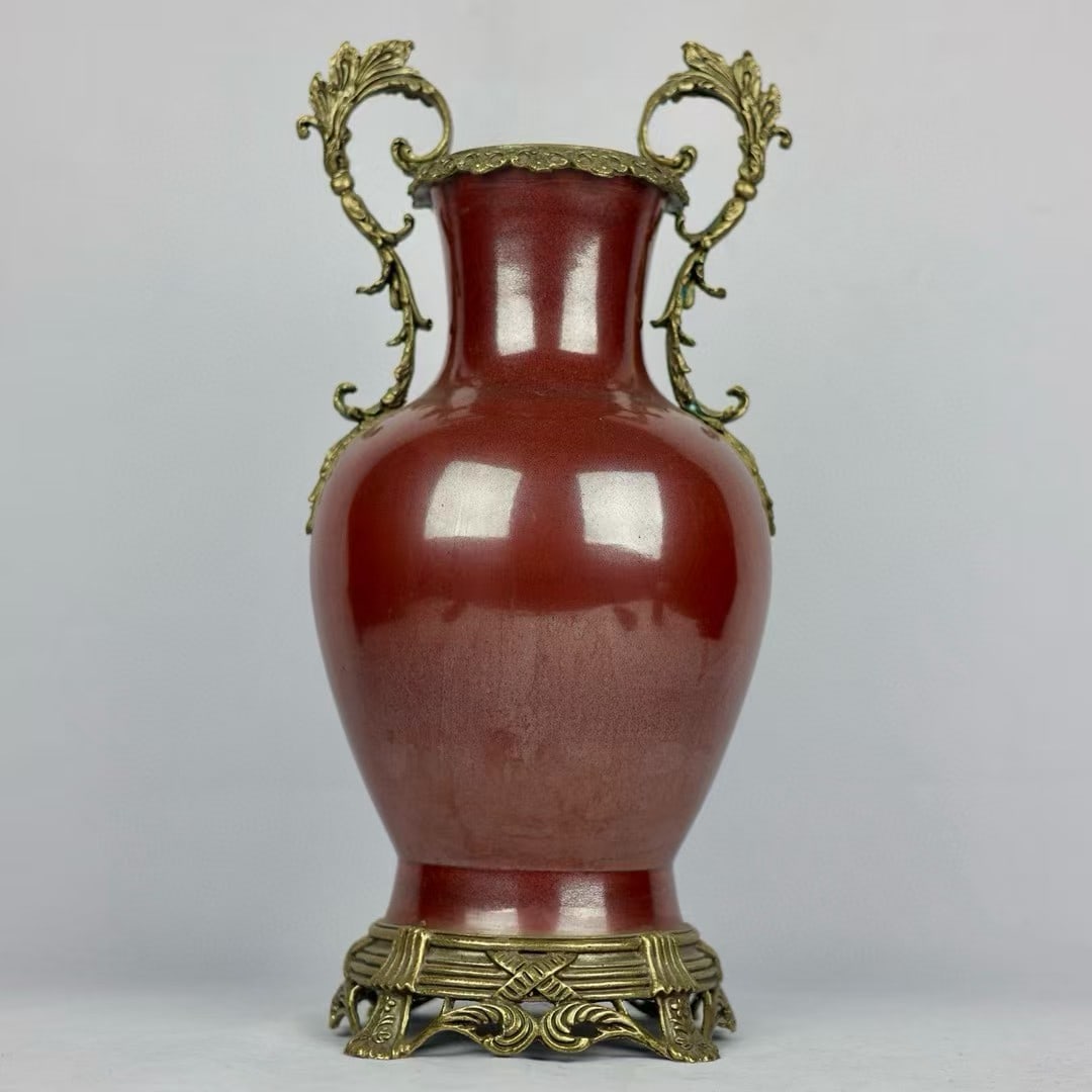 An Exquisite Ji Red Glazed Inlaid Bronze Double-Ears Vase (1 of 9)