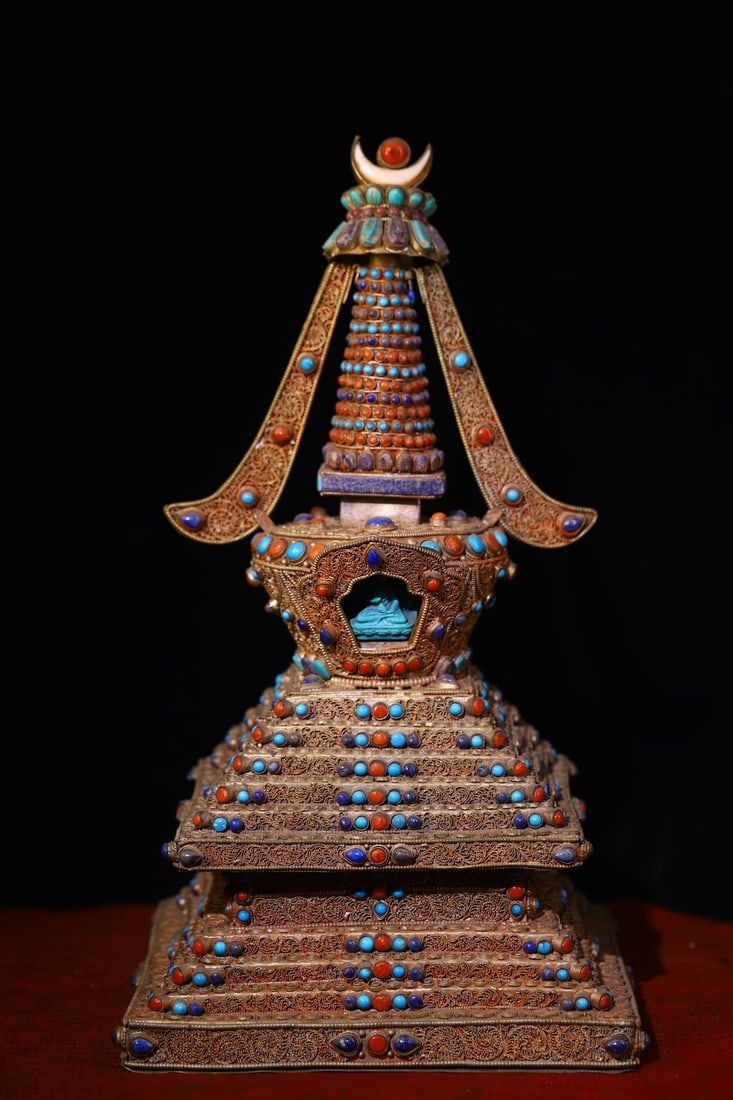 An Exquisite Silver Inlaid Gems Pagoda (1 of 9)
