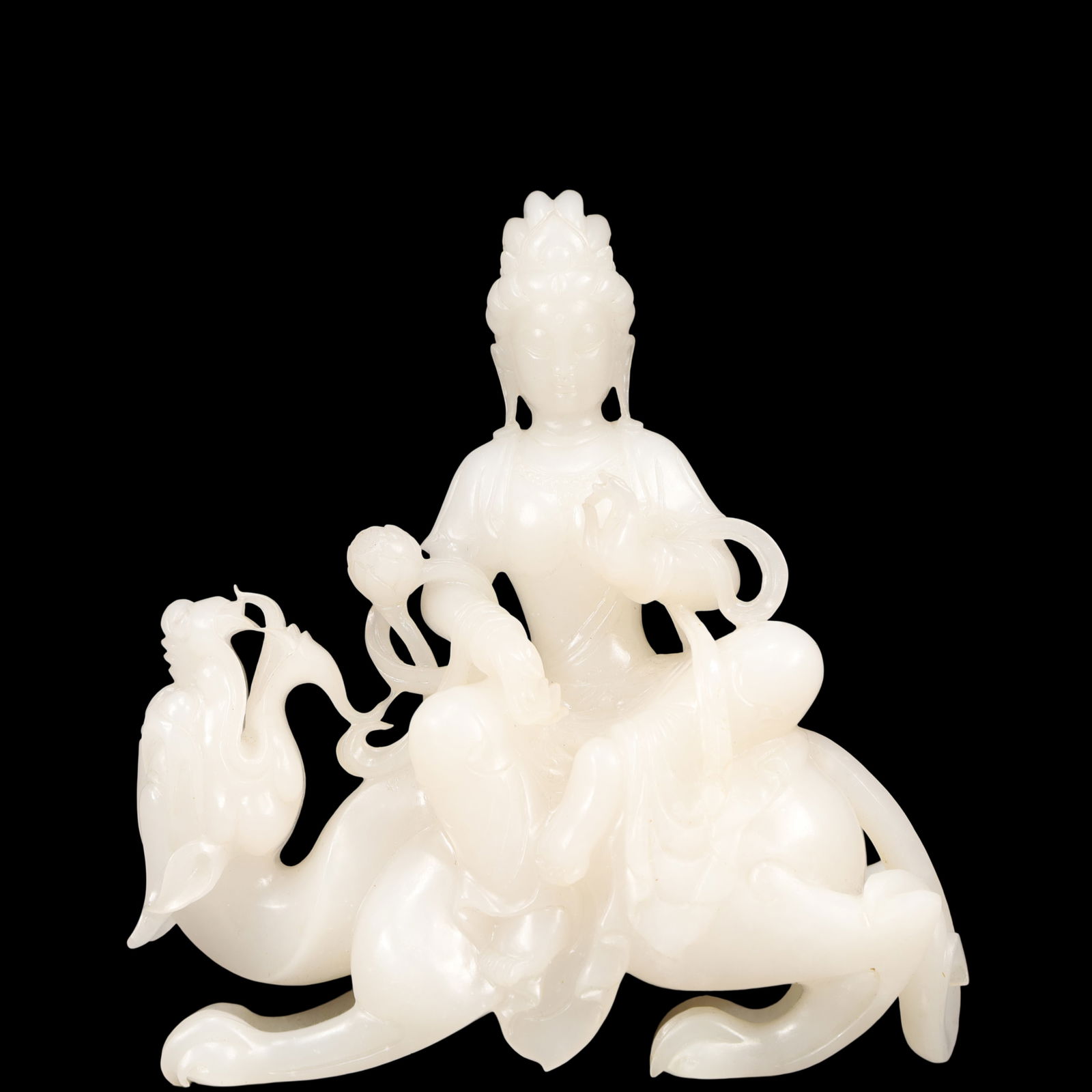 A Exquisite White Jade Statue of Manjusri: A Exquisite White Jade Statue of Manjusri Qing Dynasty, China Size:13cmx5cmx14cm Weight:650g (The Dimensions Of All Batches Are Manually Measured.If You Need More Detailed Information, Please