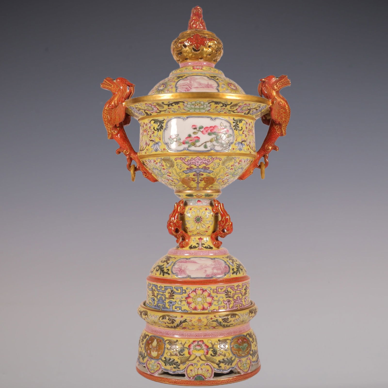 An Exquisite Enamel Lotus Pattern Flower Pattern Landscape Pattern Double-Ears Censer: An Exquisite Enamel Lotus Pattern Flower Pattern Landscape Pattern Double-Ears Censer Qing Dynasty, China Qianlong Four-character Mark Size:38cmx19.5cm (The Dimensions Of All Batches Are Manually