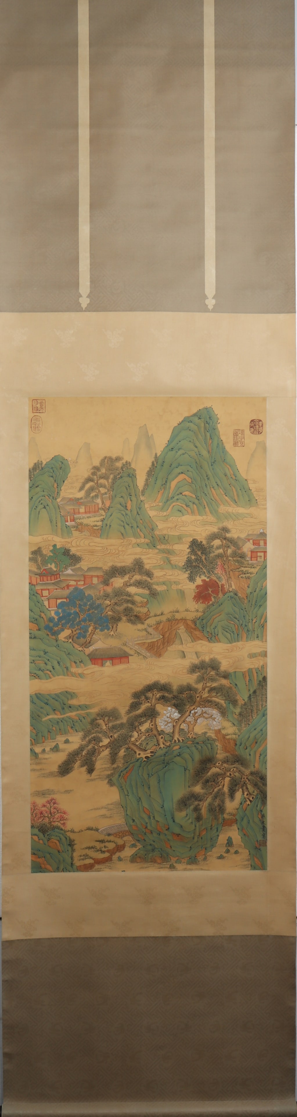 A Chinese Vertical Scroll Ink Painting of Landscape on Silk: A Chinese Vertical Scroll Ink Painting of Landscape on Silk Yan wengui Size:88cmx44cm (The Dimensions Of All Batches Are Manually Measured.If You Need More Detailed Information, Please Contact Our Cus