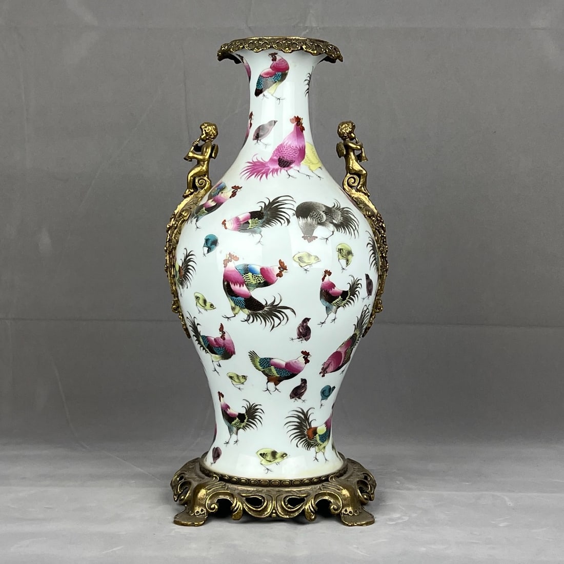 An Exquisite Famille-Rose Inlaid Bronze Rooster Pattern Double-Ears Vase (1 of 9)